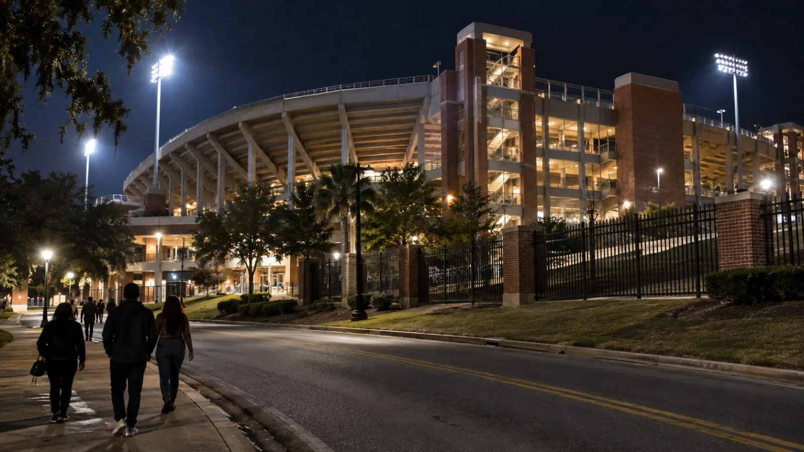 Streetlights illuminate the roadway outside Bragg Memorial Stadium in Tallahassee, Florida. (AI-generated image / EconoTimes)