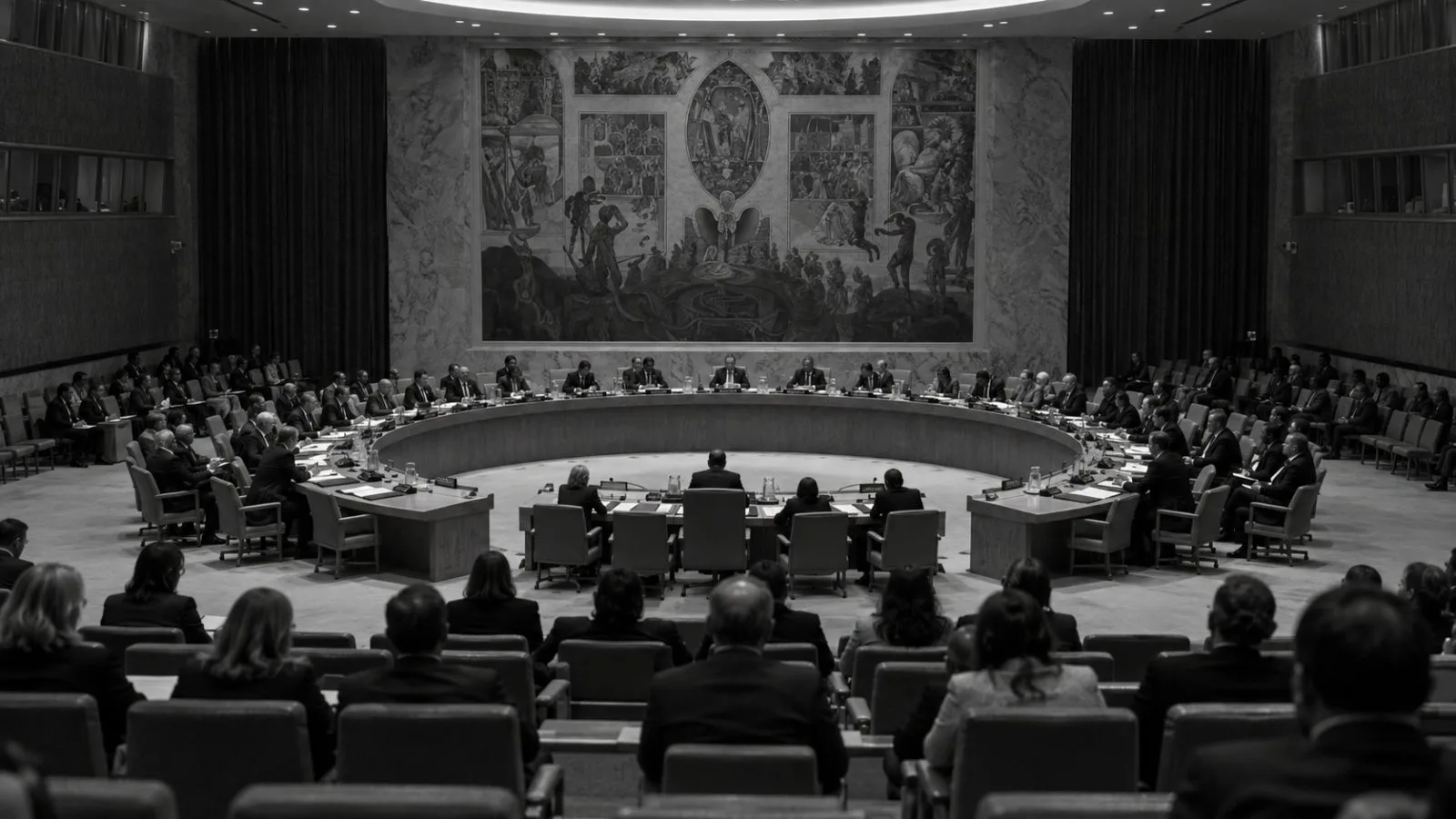 Delegates meet in the United Nations Security Council chamber in New York. / EconoTimes.ai (mono)