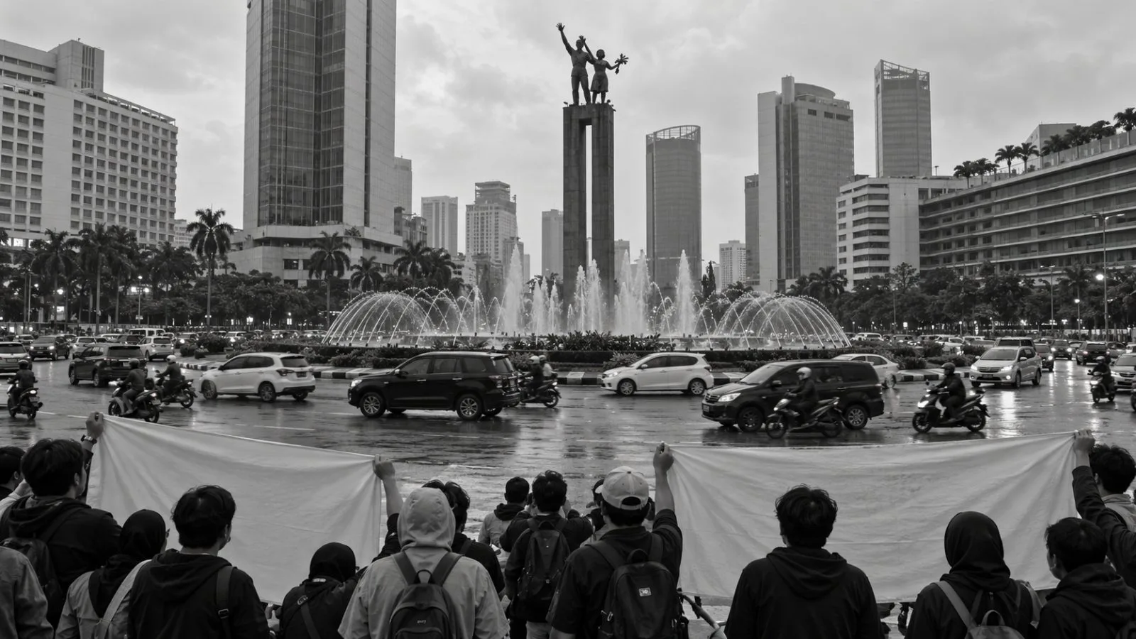 Demonstrators hold two banners at Jakarta's Hotel Indonesia Roundabout under overcast skies. (AI-generated image / EconoTimes)