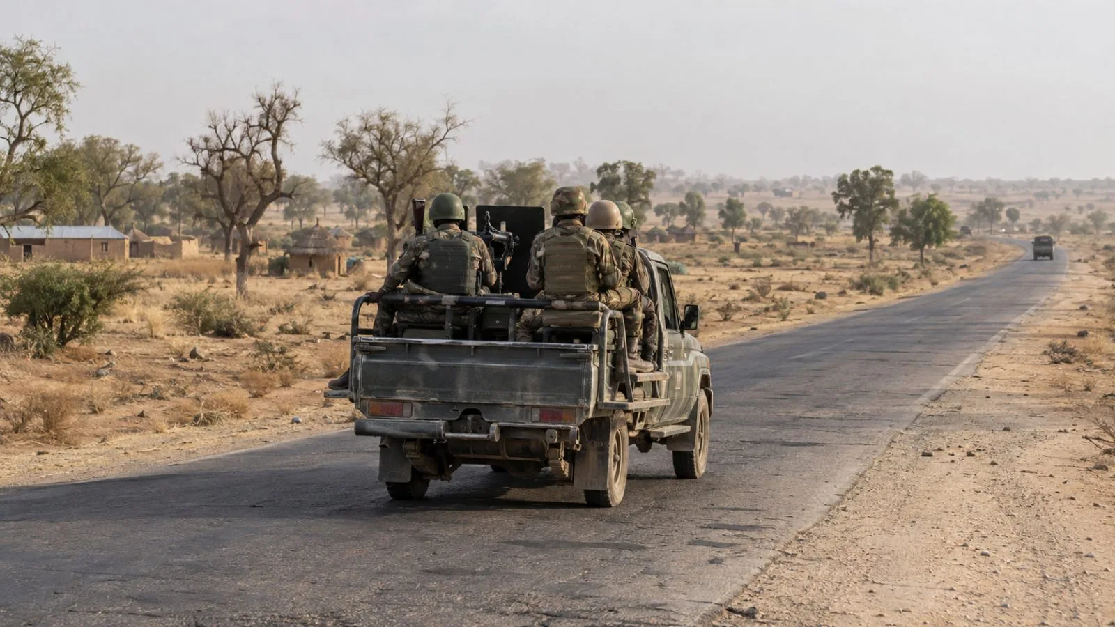 A military patrol pickup travels a road near Gamboru Ngala, northeastern Nigeria. (AI-generated image / EconoTimes)
