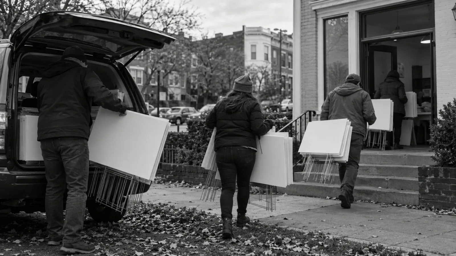 Volunteers prepare campaign signs outside a neighborhood field office in Washington, D.C. (AI-generated image / EconoTimes)