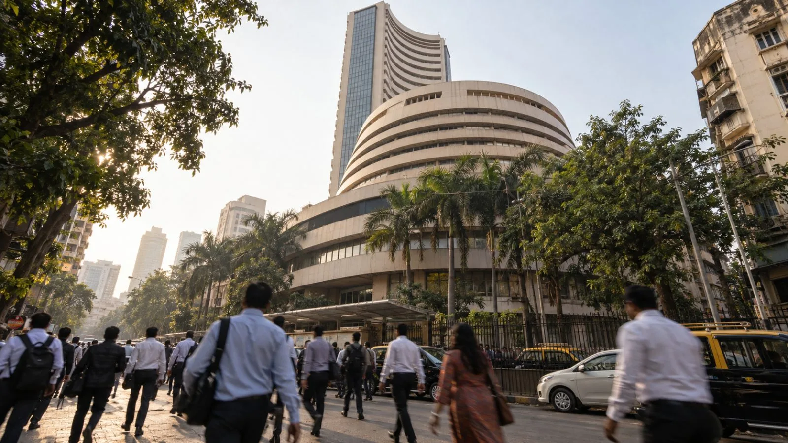 Commuters pass the Bombay Stock Exchange building on Dalal Street in Mumbai. (AI-generated image / EconoTimes)