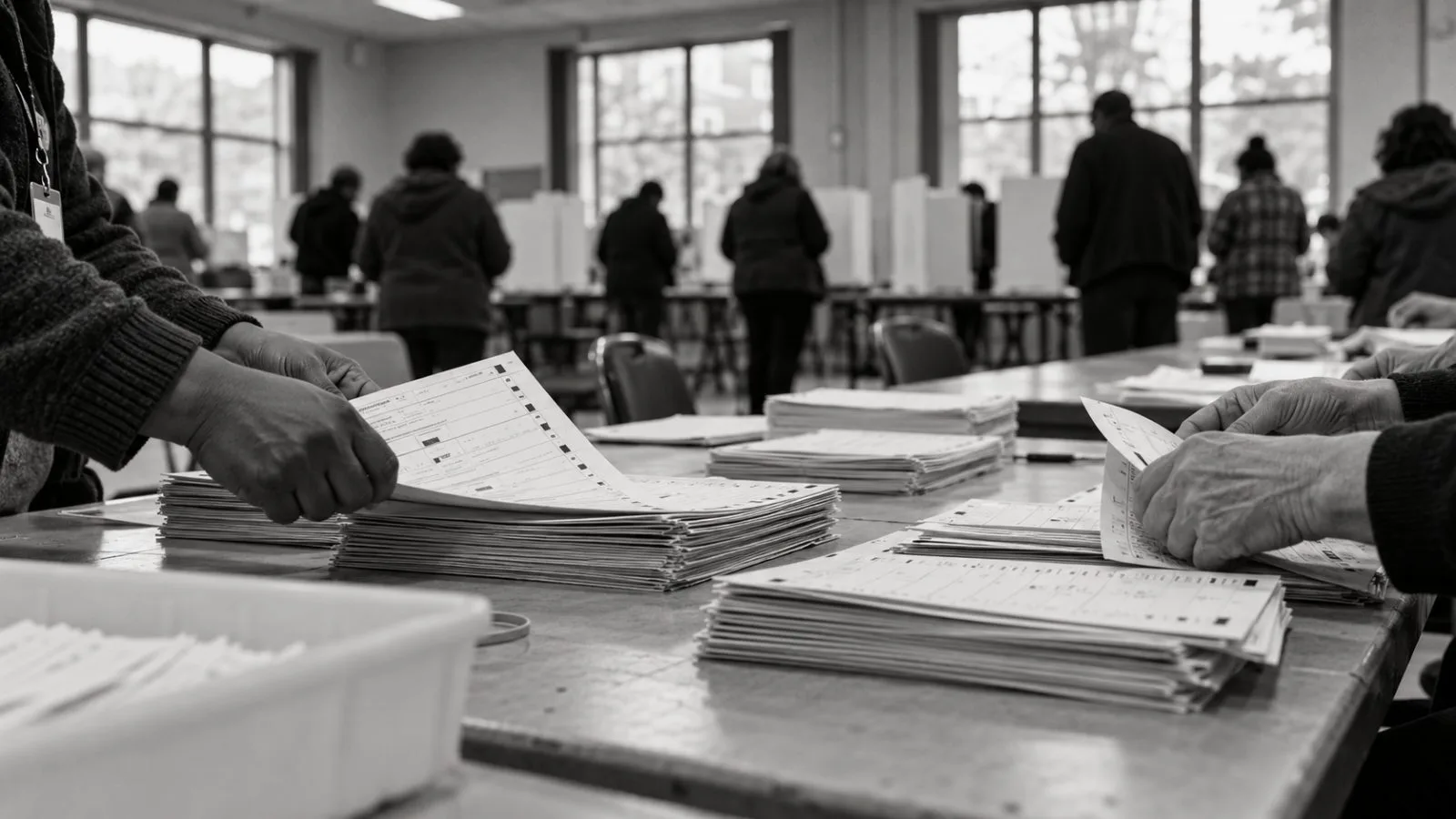 Election workers sort hand-marked ballots inside a polling station in Washington, D.C. (AI-generated image / EconoTimes)