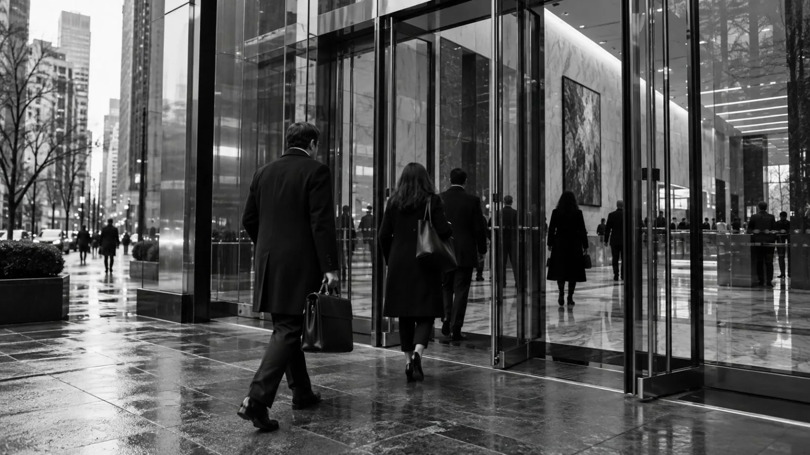 Attendees enter a conference venue in New York City on an overcast morning. (AI-generated image / EconoTimes)