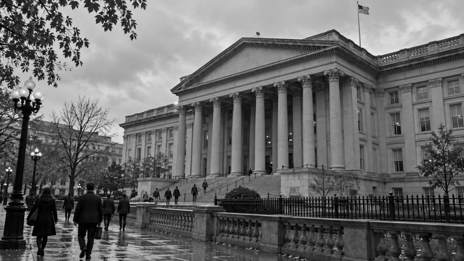 Pedestrians pass the U.S. Treasury building in Washington, D.C., on an overcast afternoon. (AI-generated image / EconoTimes)