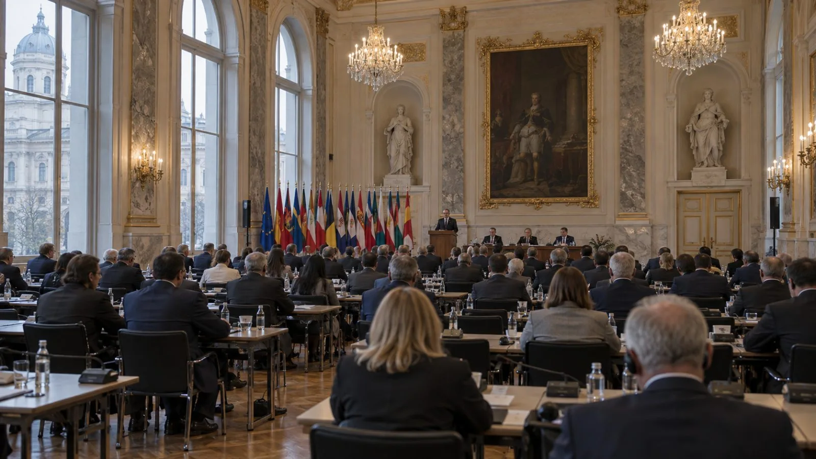 Delegates sit inside the OSCE meeting room at Vienna’s Hofburg in Austria. (AI-generated image / EconoTimes)