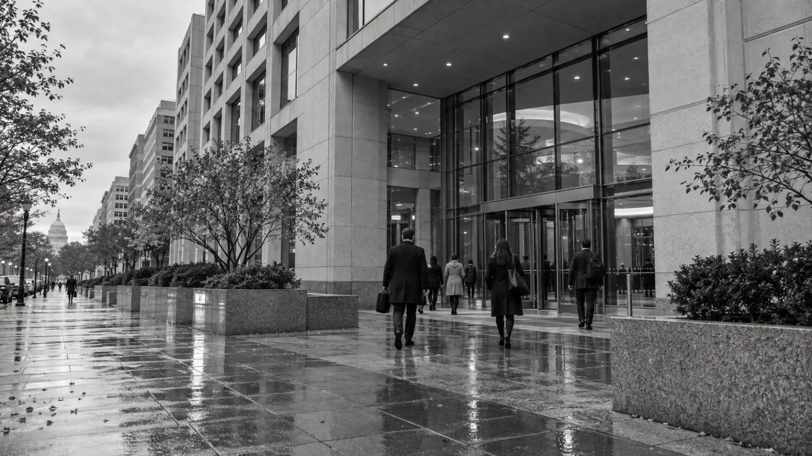 Visitors enter the International Monetary Fund headquarters on 19th Street NW in Washington, D.C. (AI-generated image / EconoTimes)