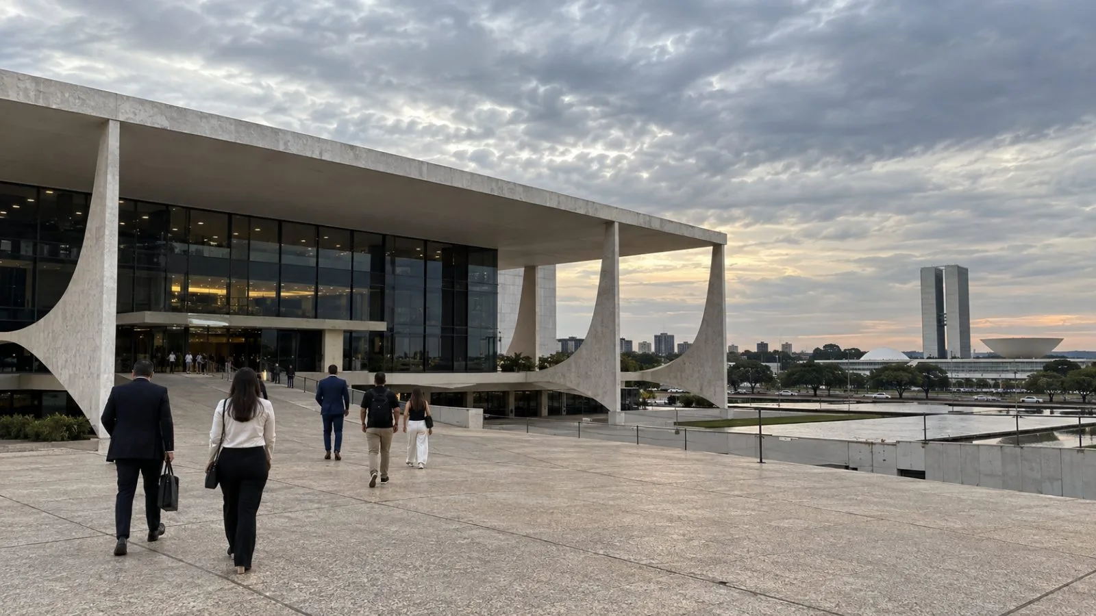 Visitors approach the Superior Electoral Court building in Brasília, Brazil, under overcast skies. (AI-generated image / EconoTimes)