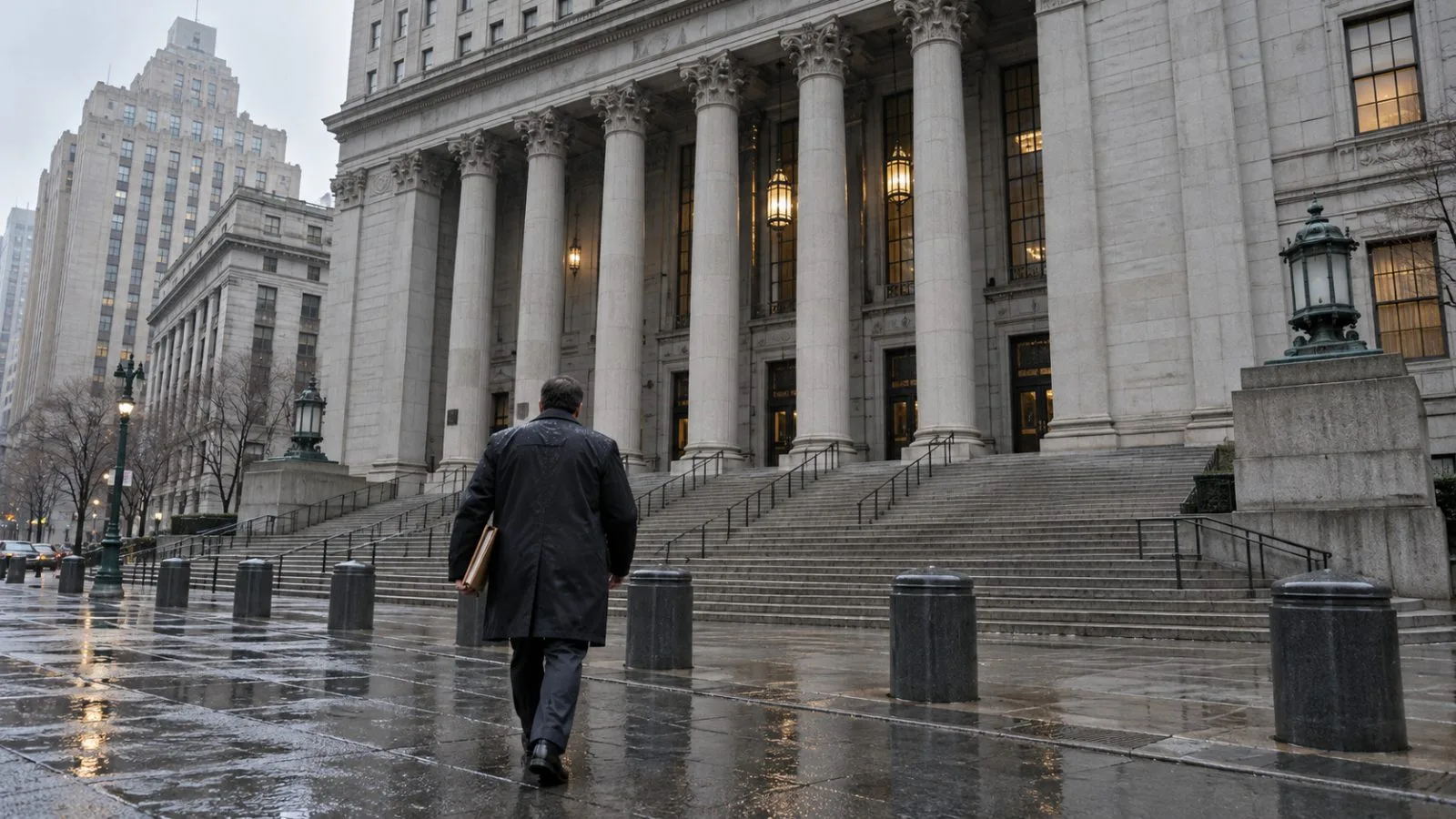 The Thurgood Marshall United States Courthouse stands in Manhattan, New York, beneath gray skies. (AI-generated image / EconoTimes)