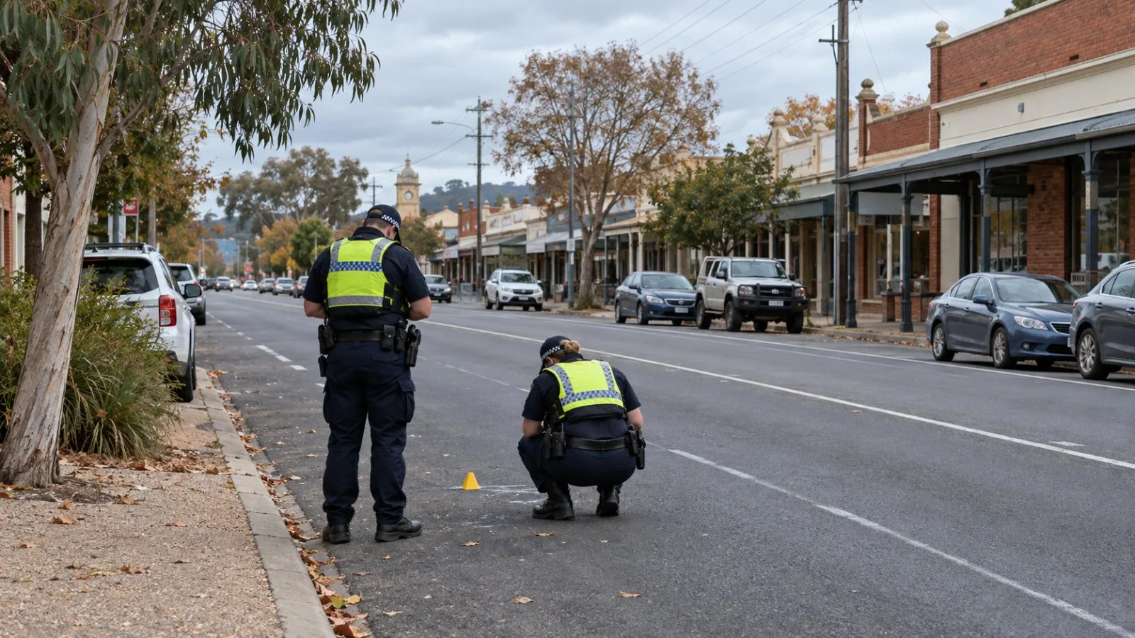 Police officers inspect the roadway on Murphy Street in Wangaratta, Victoria. (AI-generated image / EconoTimes)