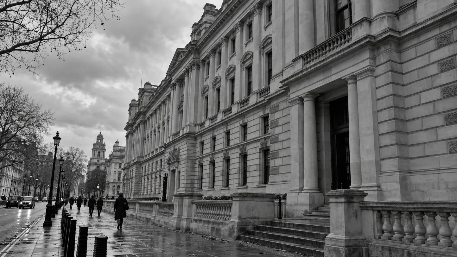 HM Treasury’s offices stand along Horse Guards Road in central London. (AI-generated image / EconoTimes)