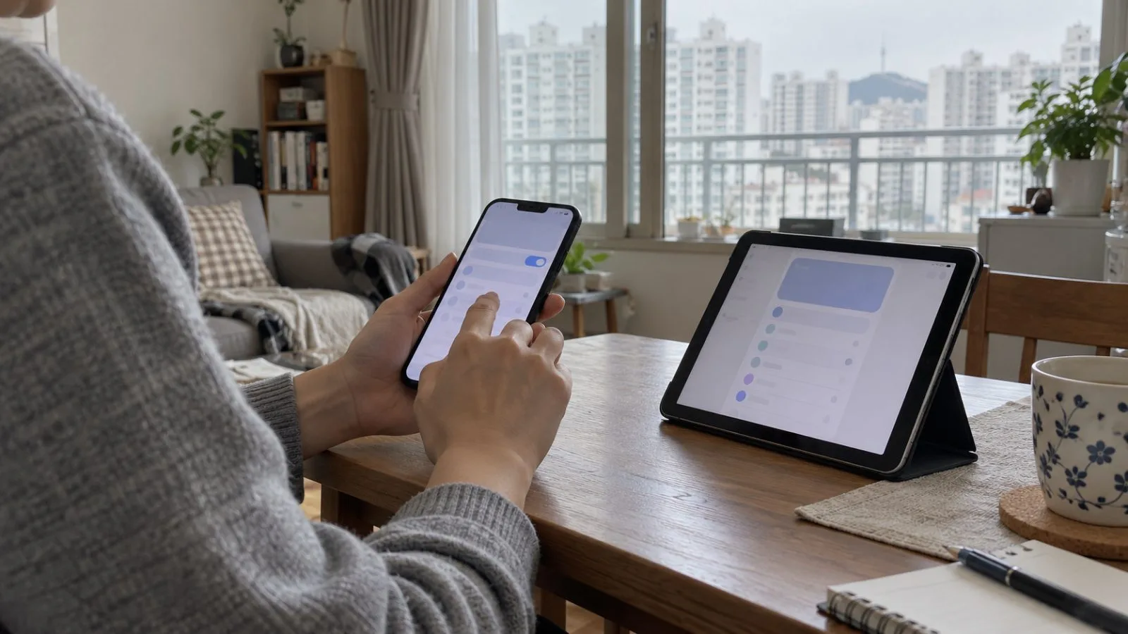 A smartphone and tablet sit beside a user’s hands in an apartment in Seoul, South Korea. (AI-generated image / EconoTimes)