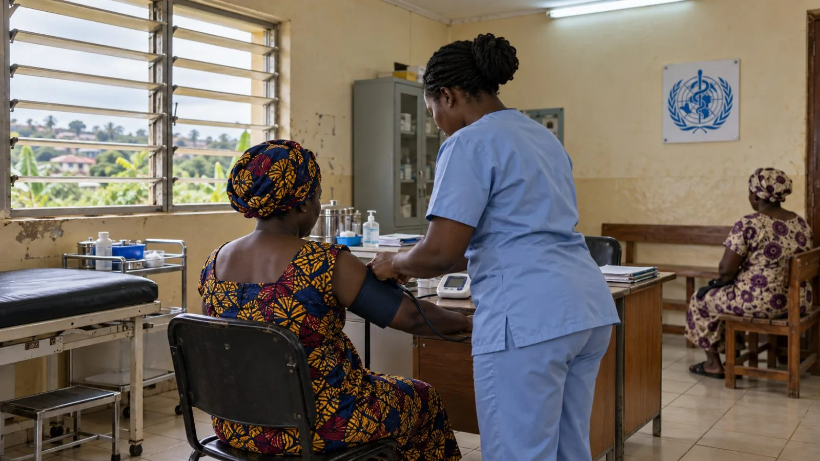 A nurse checks a patient's blood pressure at a rural clinic near Kumasi, Ghana. / EconoTimes.ai