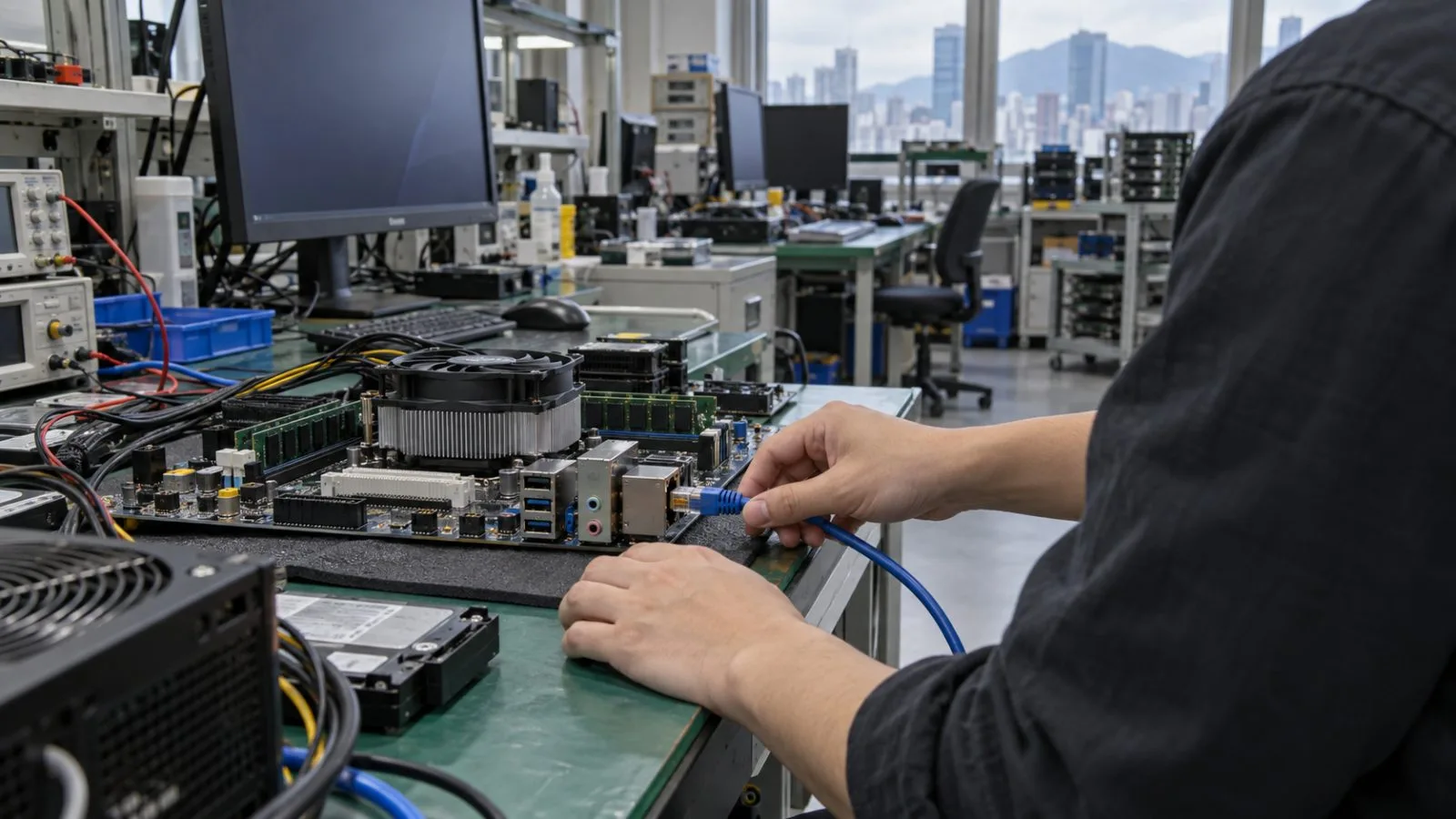 A technician connects an Ethernet cable to a firmware test board in a Taipei laboratory. (AI-generated image / EconoTimes)
