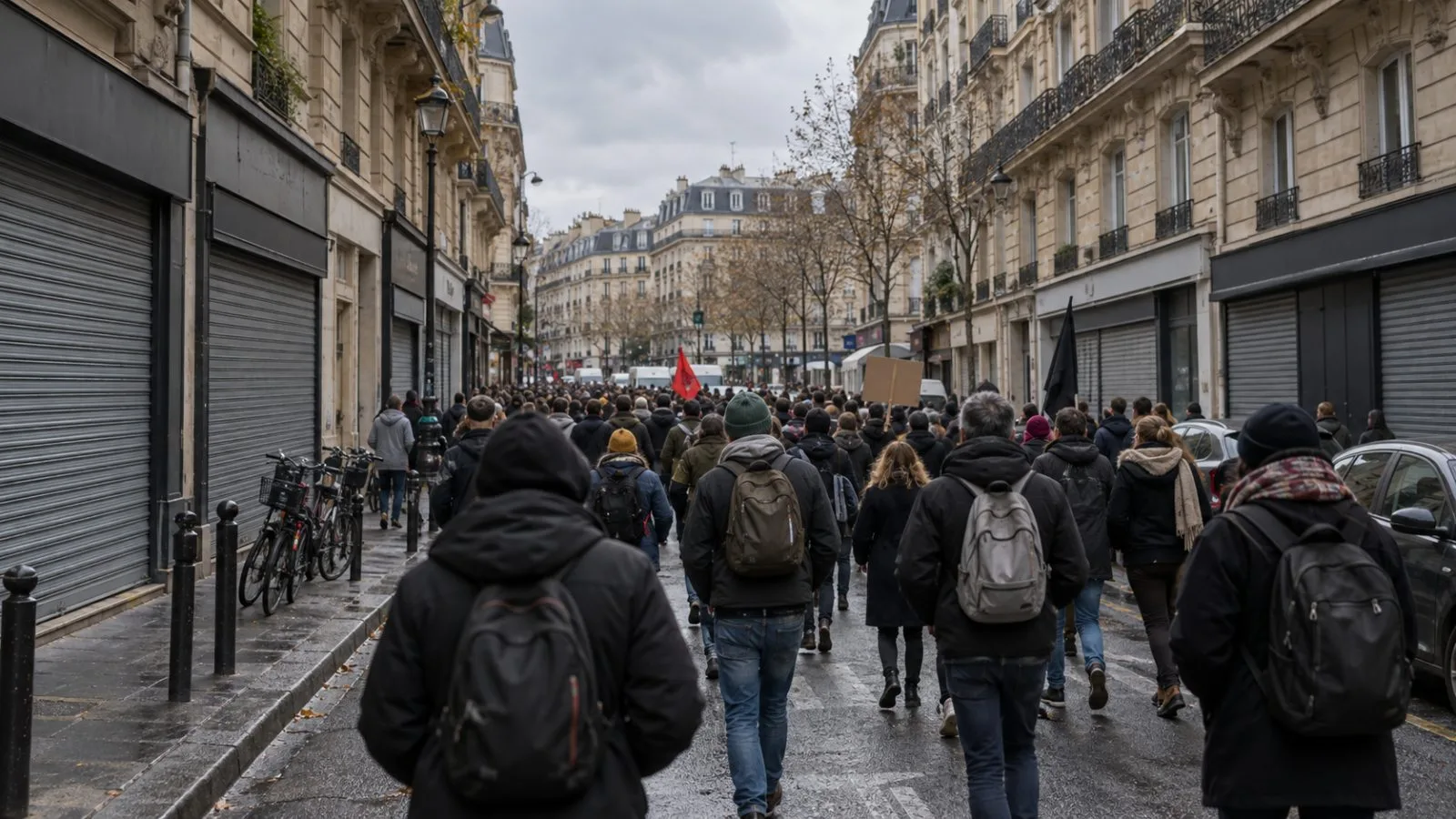 Demonstrators walk past shuttered shops on a Paris street under overcast skies. (AI-generated image / EconoTimes)