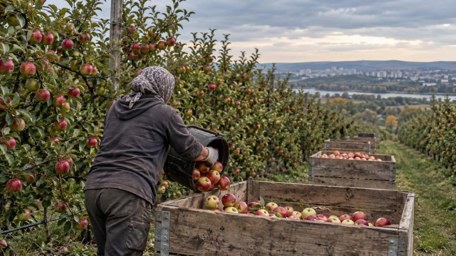 Workers place freshly picked apples into harvest crates at an orchard outside Chisinau, Moldova. (AI-generated image / EconoTimes)