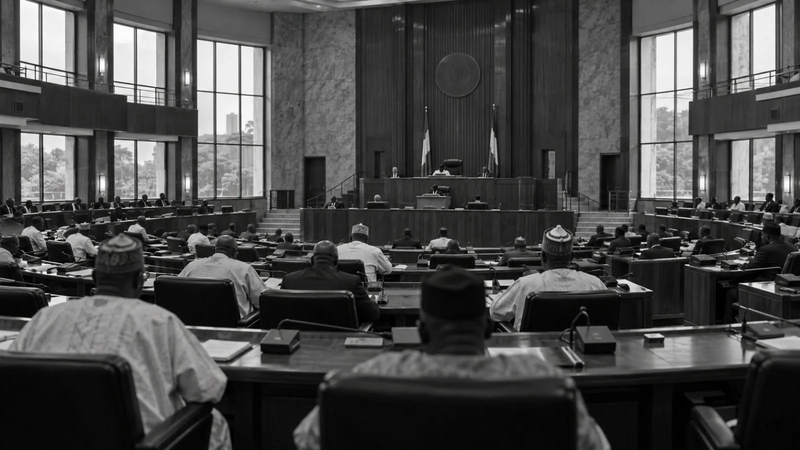 Lawmakers sit inside the Anambra State House of Assembly chamber in Awka, Nigeria. (AI-generated image / EconoTimes)