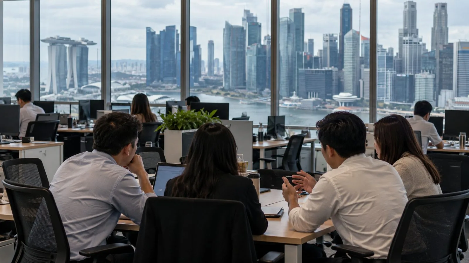 Workers gather around a shared table inside a Singapore office in daylight. (AI-generated image / EconoTimes)
