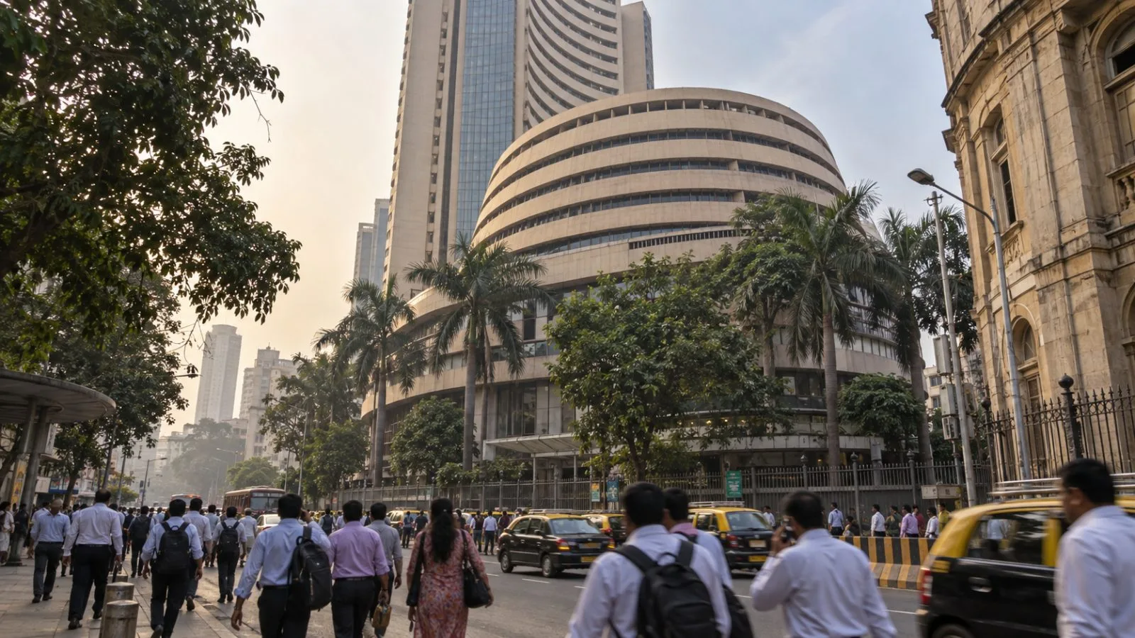 Commuters pass the Bombay Stock Exchange building on Dalal Street in Mumbai, India. (AI-generated image / EconoTimes)