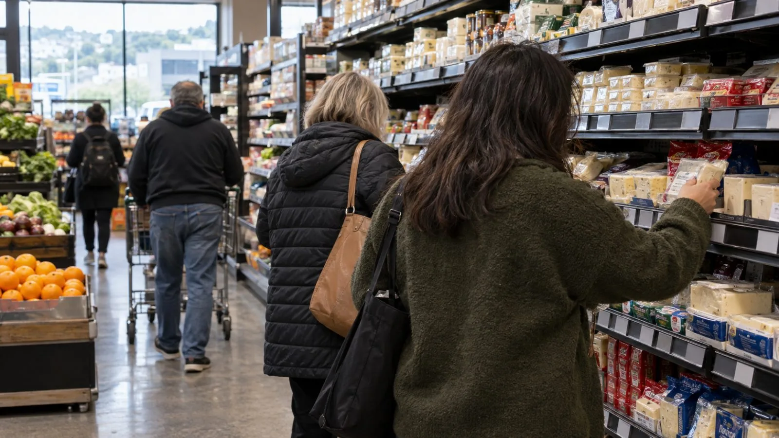 Shoppers compare grocery prices in a Wellington supermarket, New Zealand. (AI-generated image / EconoTimes)