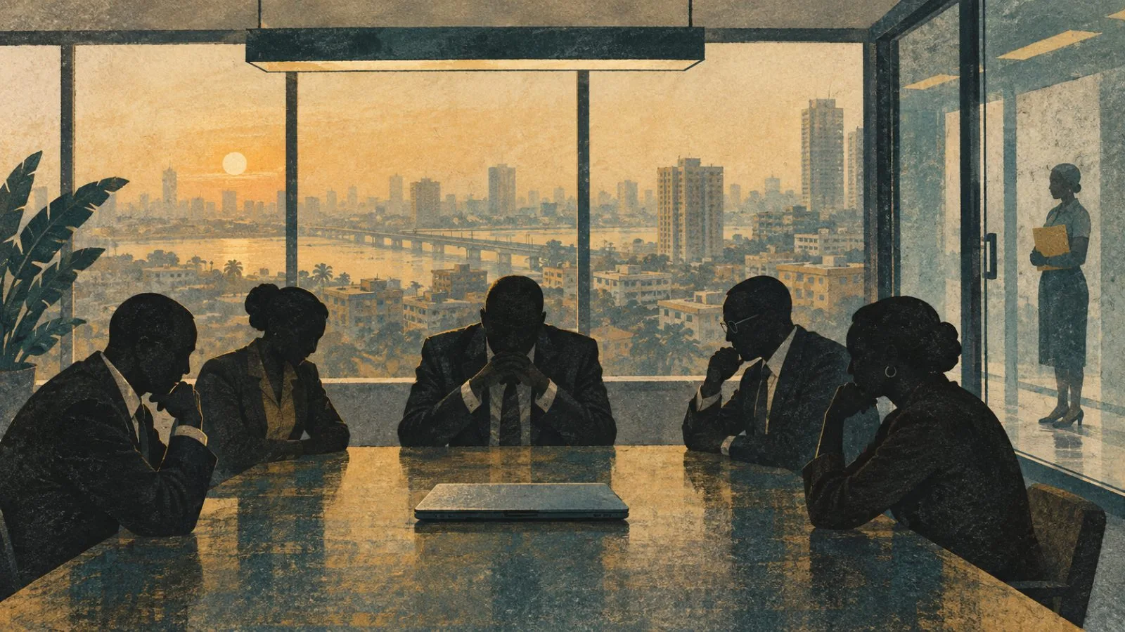 Anonymous figures gather around a closed laptop in a Lagos boardroom as daylight fades. (AI-generated image / EconoTimes)