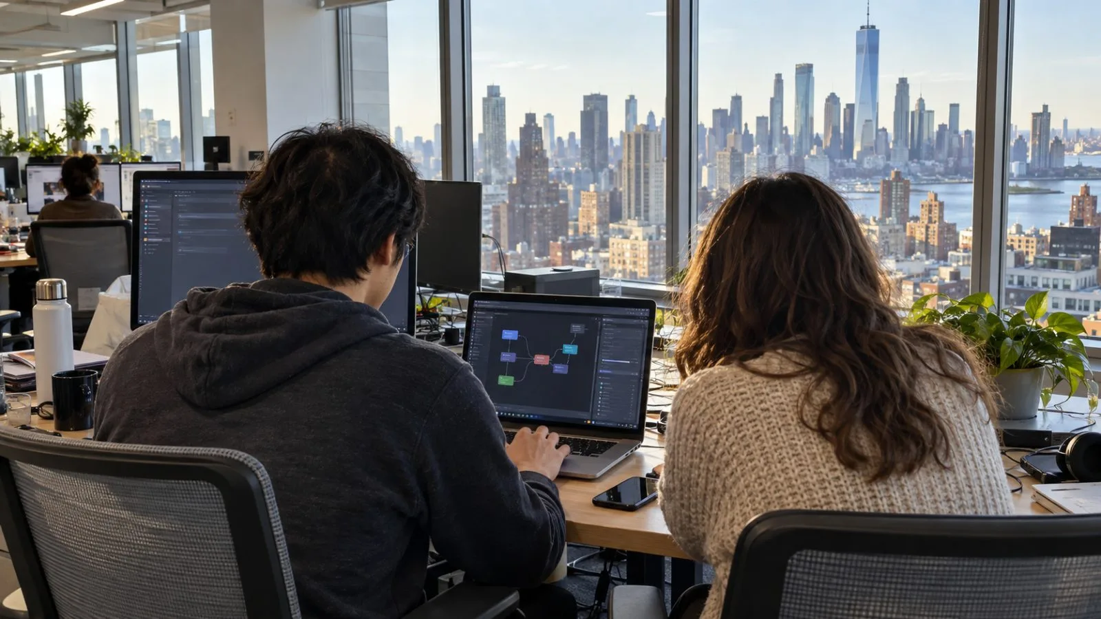 Two developers work at laptops inside a software office in New York City. (AI-generated image / EconoTimes)