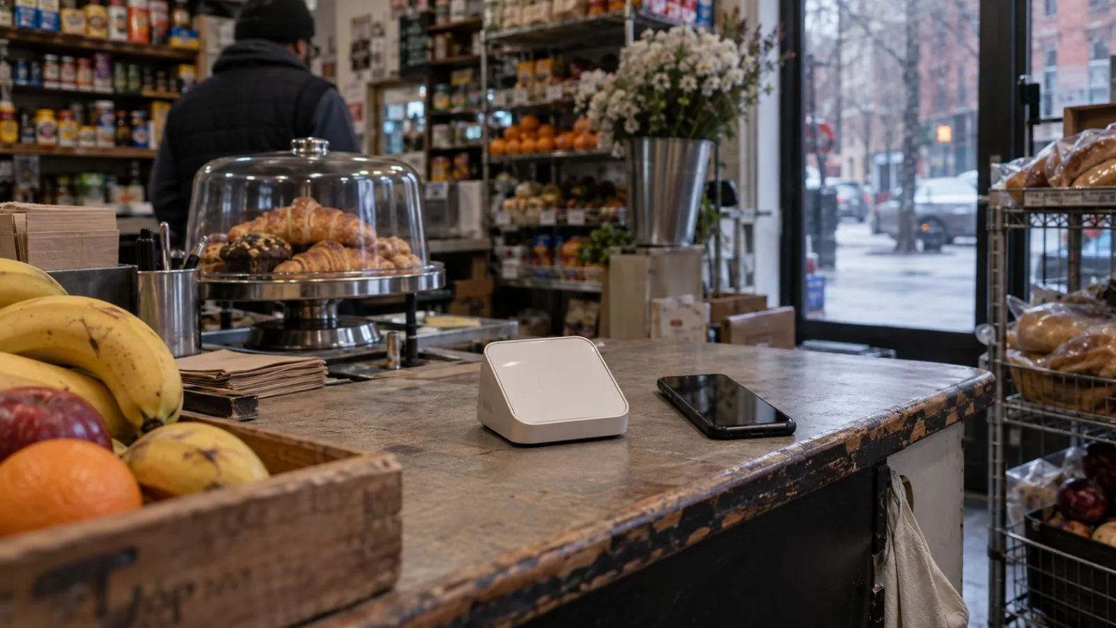 A compact payment reader rests beside a smartphone at a Manhattan neighborhood shop counter (AI-generated image / EconoTimes)