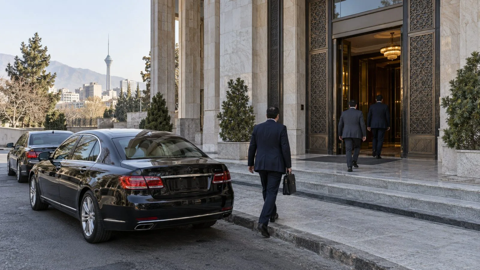 Aides enter a government meeting venue beside official vehicles in Tehran, Iran. (AI-generated image / EconoTimes)