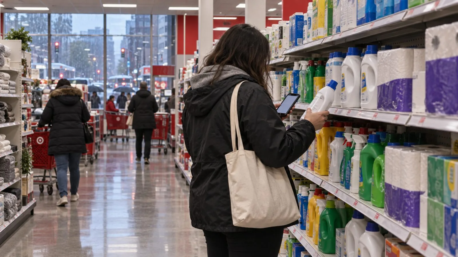 A shopper compares products with a phone inside a Target store in New York City. / EconoTimes.ai