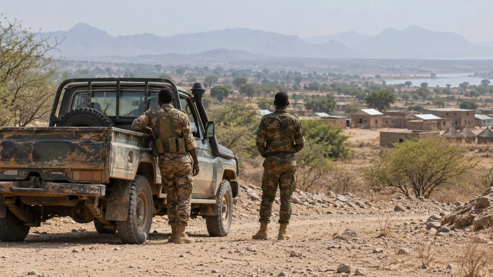 A Sudanese army pickup stands on a dusty road near Bakouri in Blue Nile state (AI-generated image / EconoTimes)