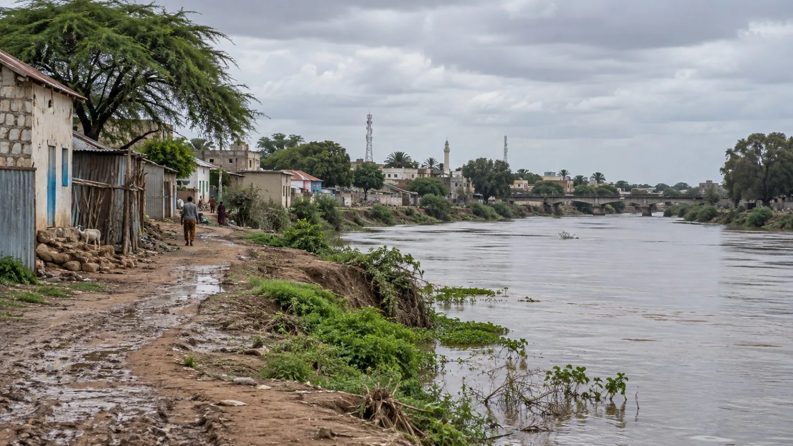 Homes line the Shabelle River in Beletweyne, Somalia, a city facing seasonal flood risk (AI-generated image / EconoTimes)