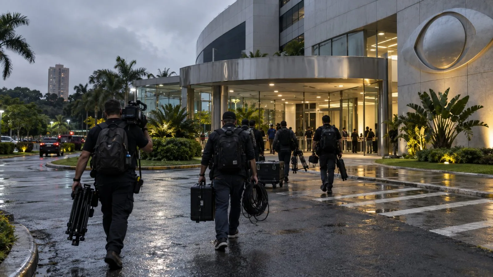 Camera crews leave Band's Morumbi studios in São Paulo after a presidential debate. (AI-generated image / EconoTimes)