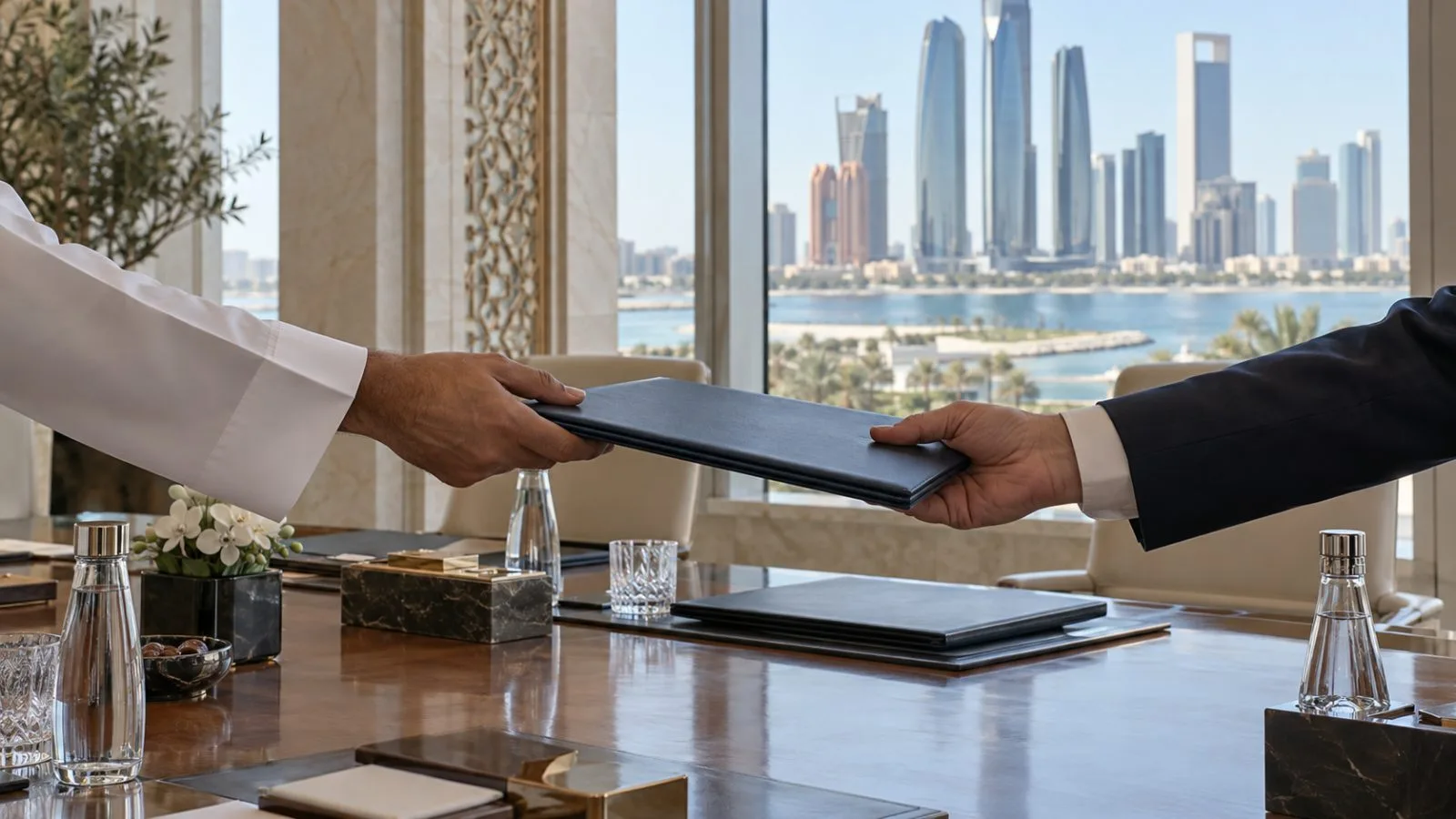 Officials exchange document folders at a defence agreement ceremony in Abu Dhabi. (AI-generated image / EconoTimes)