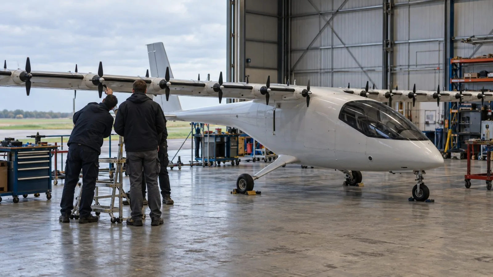 A scaled electric-aircraft demonstrator sits inside an aerospace workshop in Hoofddorp, Netherlands (AI-generated image / EconoTimes)