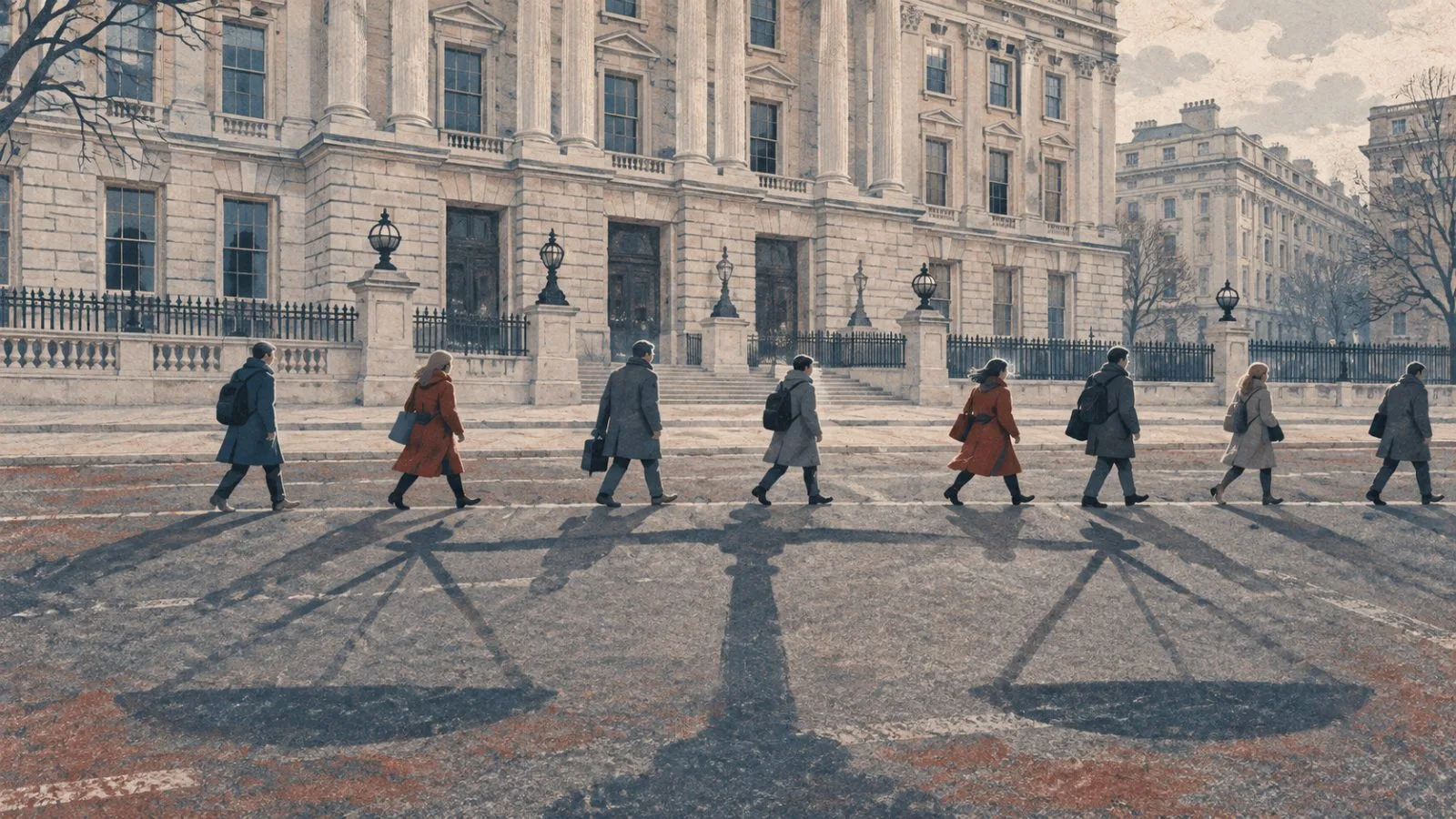 Public-service workers cross Horse Guards Road beside HM Treasury in Westminster, London. (AI-generated image / EconoTimes)