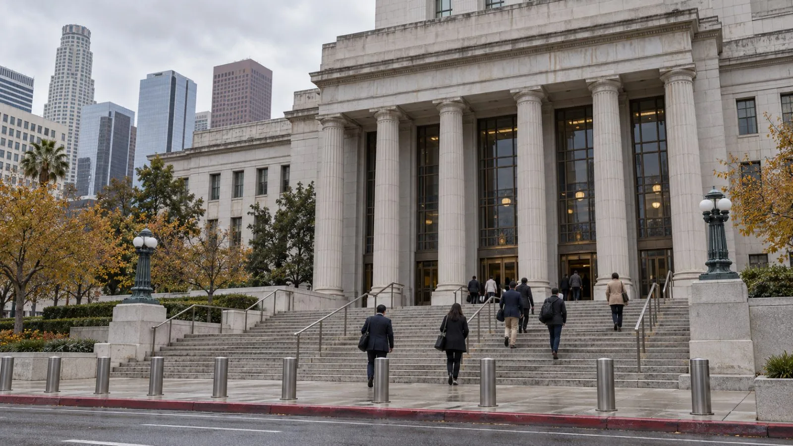 Visitors approach a federal courthouse in downtown Los Angeles, California, on an overcast morning. / EconoTimes.ai