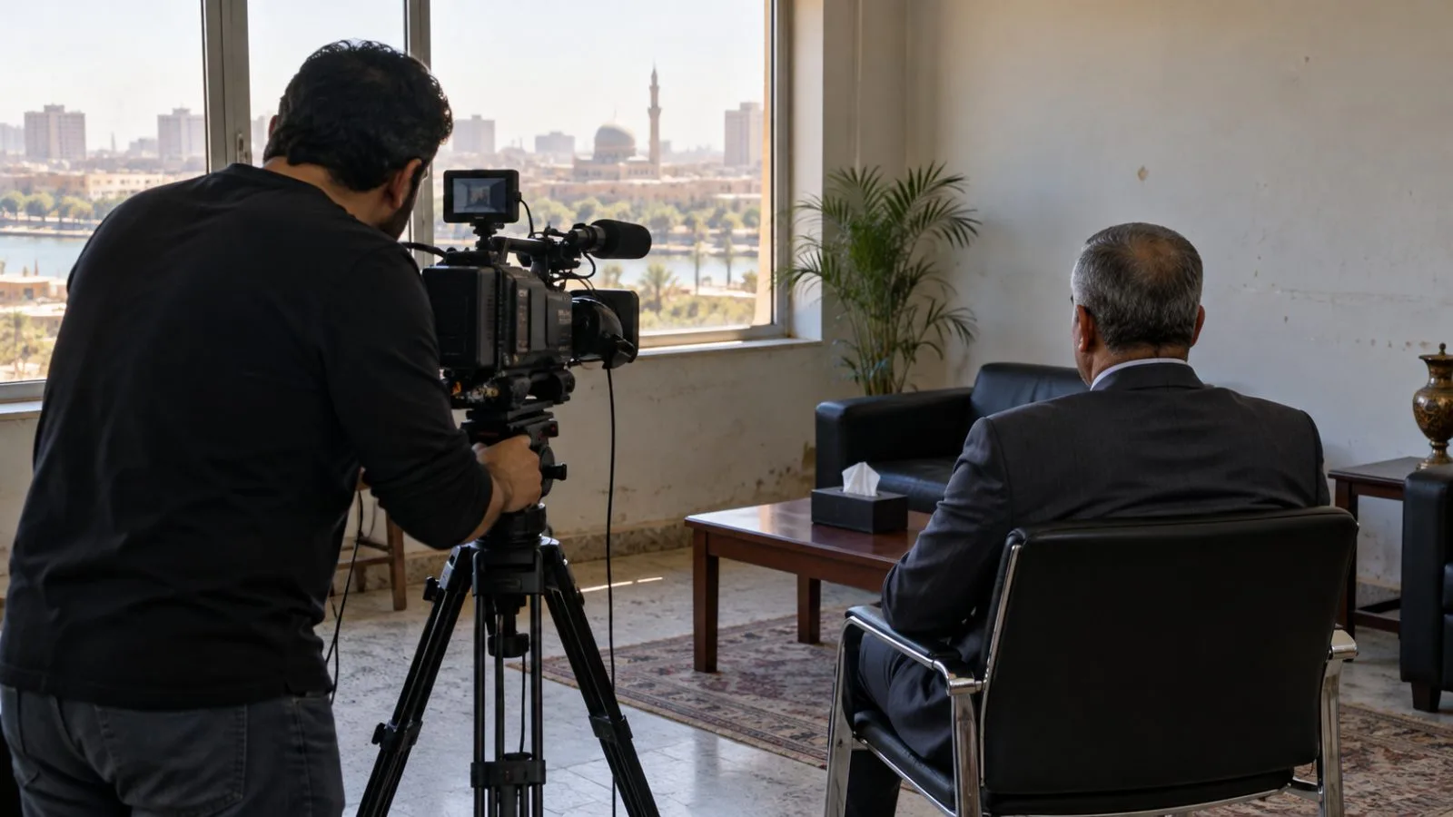 A television camera faces an interview chair inside a government media room in Baghdad, Iraq. (AI-generated image / EconoTimes)