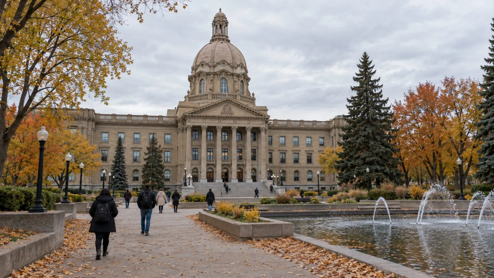 Residents walk across the grounds of the Alberta Legislature Building in Edmonton on an overcast autumn morning (AI-generated image / EconoTimes)