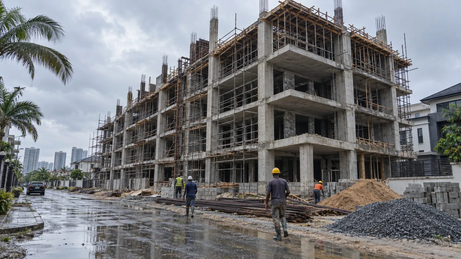 Workers move beside a residential building under construction in Lekki Scheme II, Lagos, Nigeria. (AI-generated image / EconoTimes)