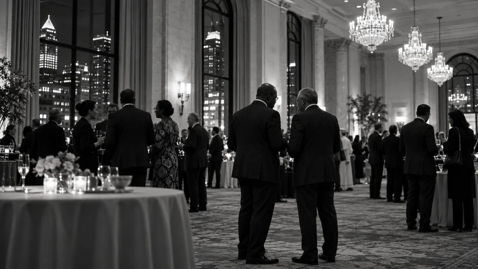 Foreign ministers’ delegates gather at a reception venue in Atlanta, Georgia. (AI-generated image / EconoTimes)