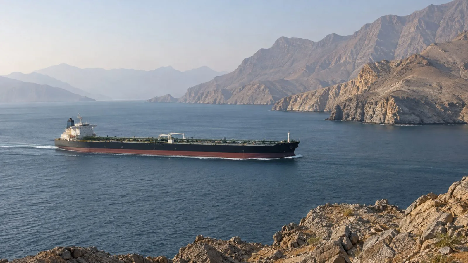 An oil tanker passes through the Strait of Hormuz off Khasab, Oman. (AI-generated image / EconoTimes)
