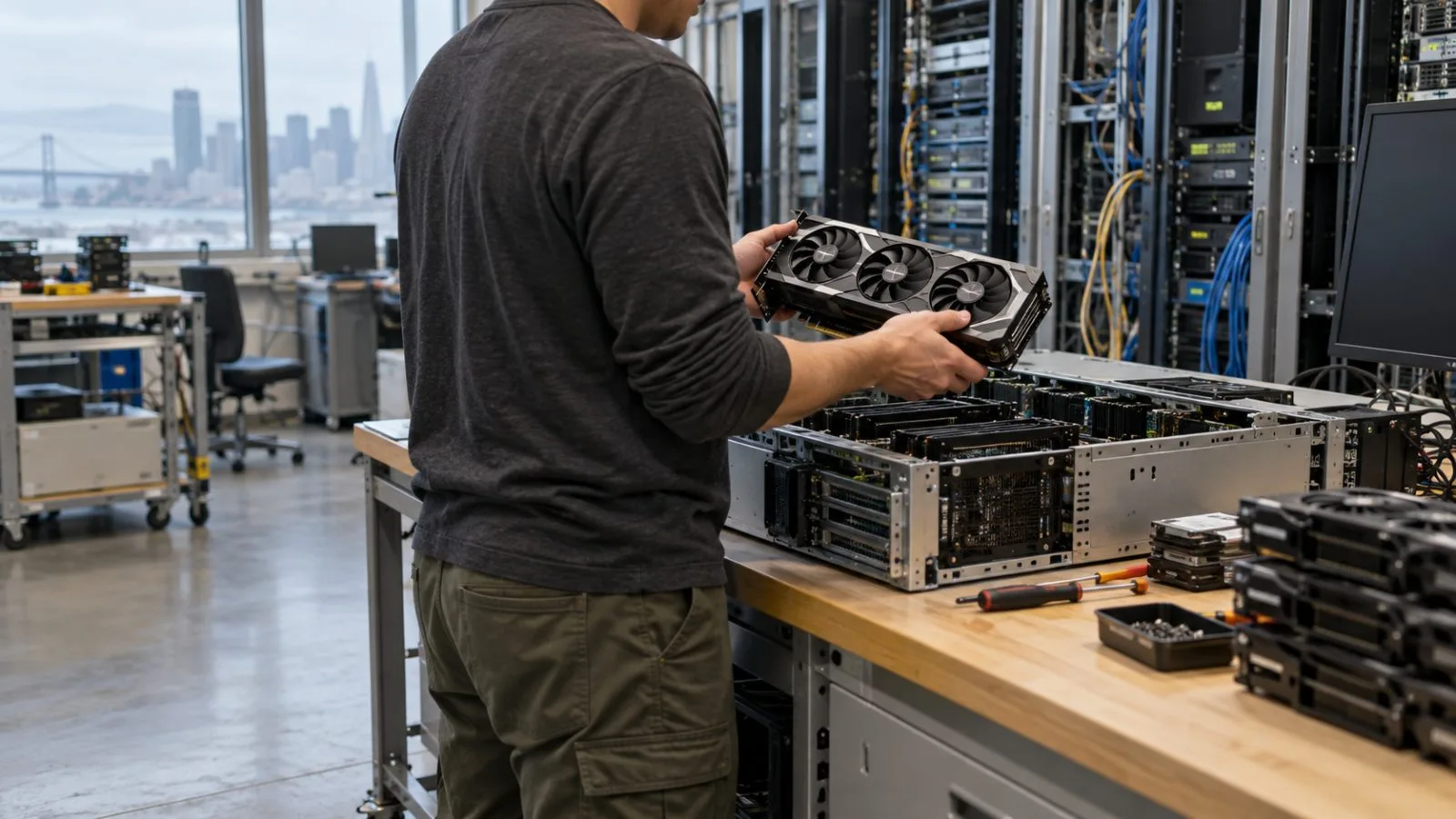 A technician inspects a graphics processor at an AI computing facility in San Francisco. (AI-generated image / EconoTimes)