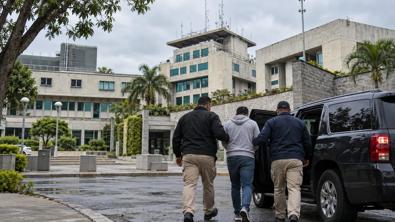 Police officers escort an unidentified detainee outside a government building in Barranquilla, Colombia. / EconoTimes.ai
