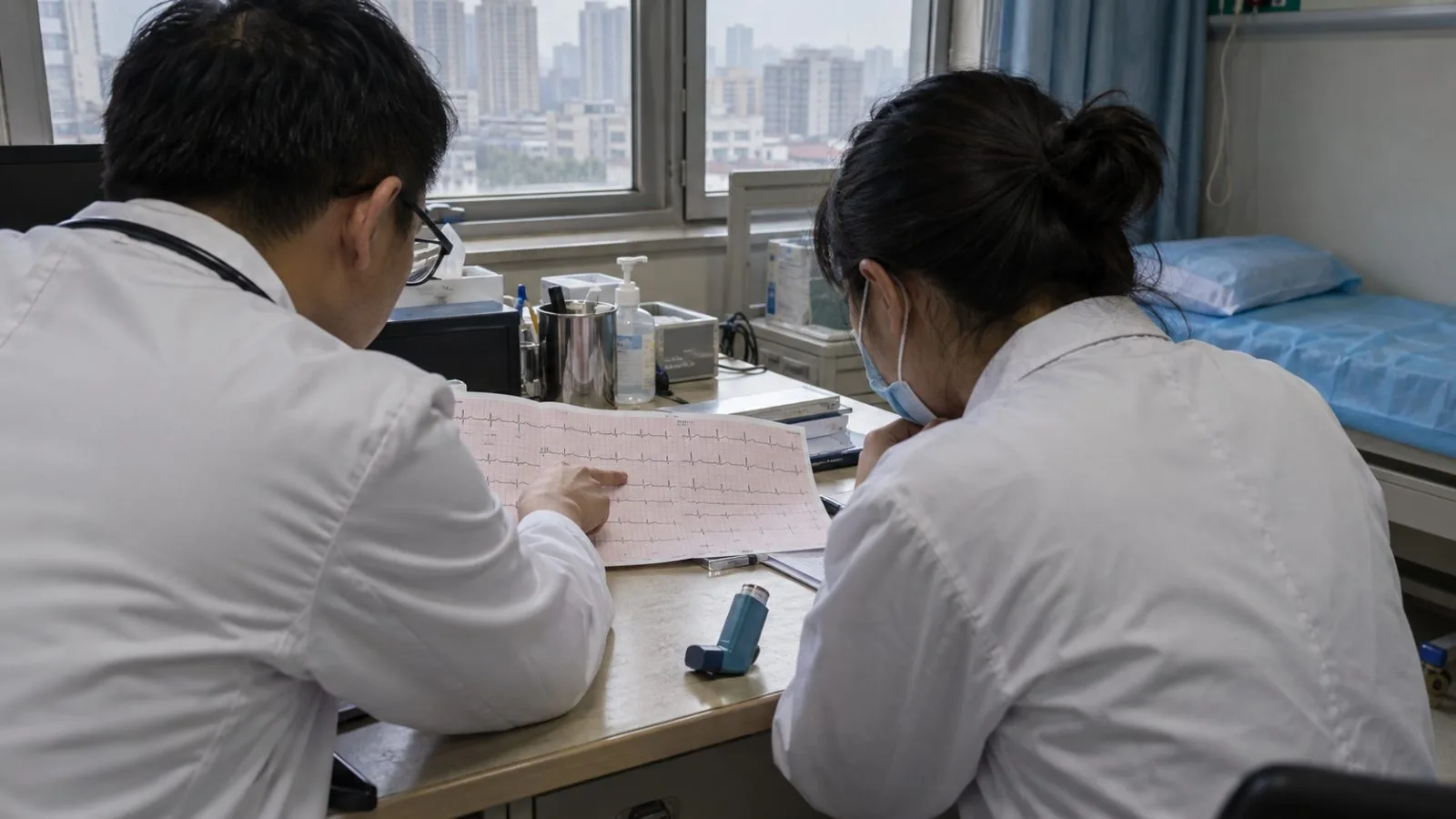 Clinicians review an ECG beside an inhaler in a Beijing hospital consultation room. (AI-generated image / EconoTimes)