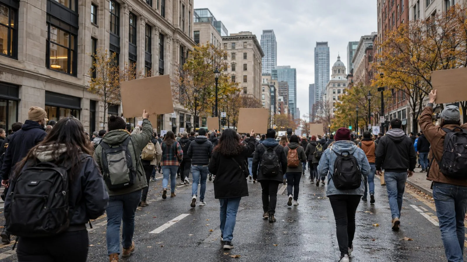Demonstrators gather with blank placards along a downtown street in a U.S. city (AI-generated image / EconoTimes)