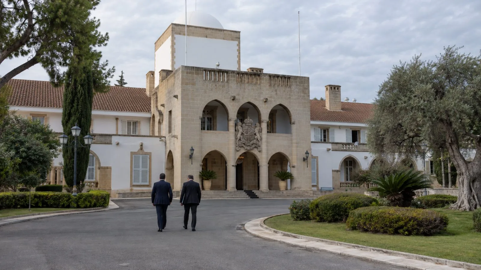 The Presidential Palace in Lefkosia, Cyprus, stands beneath a cloudy afternoon sky. (AI-generated image / EconoTimes)