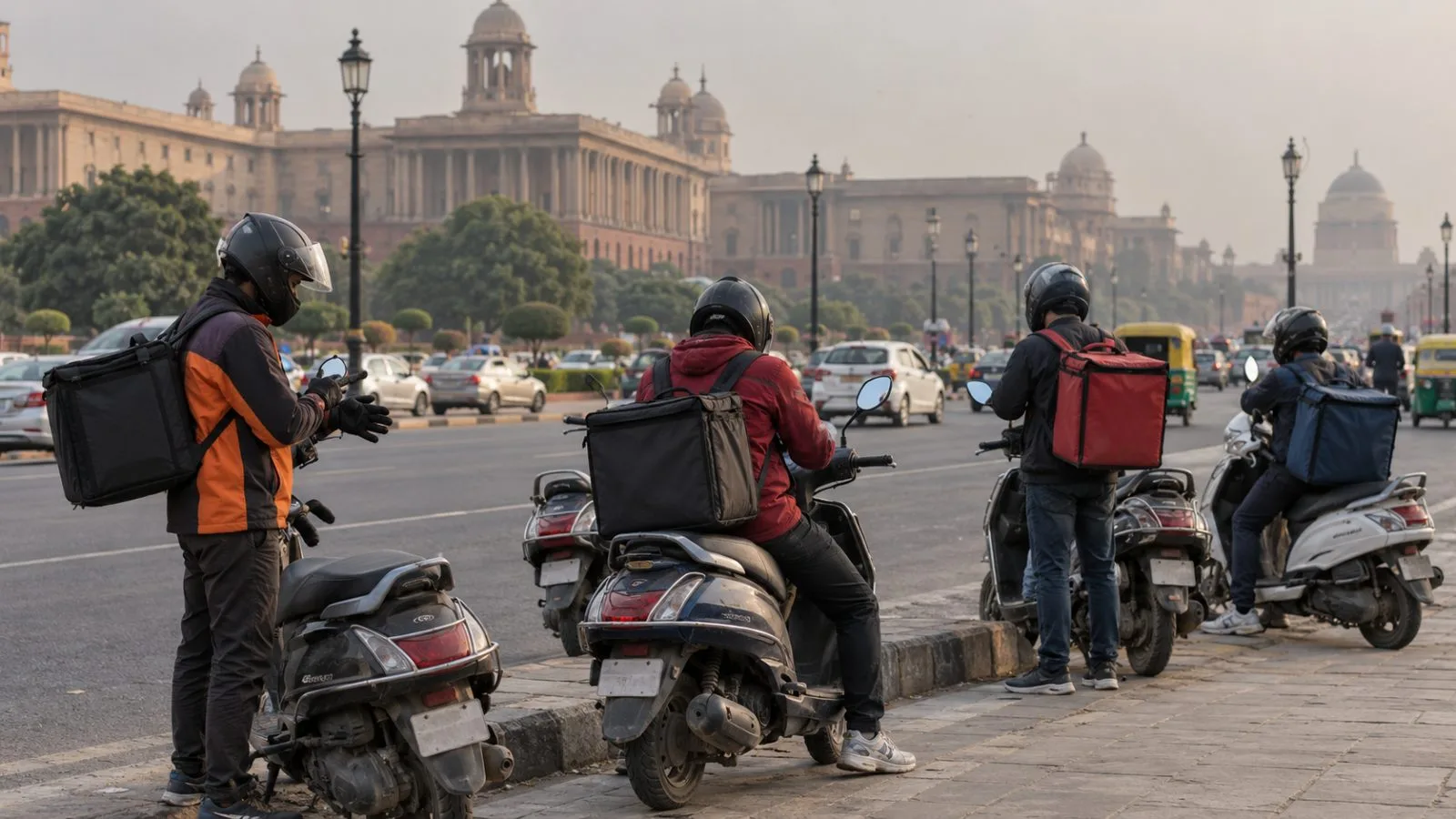 App-based delivery riders wait beside their scooters on a New Delhi street. (AI-generated image / EconoTimes)