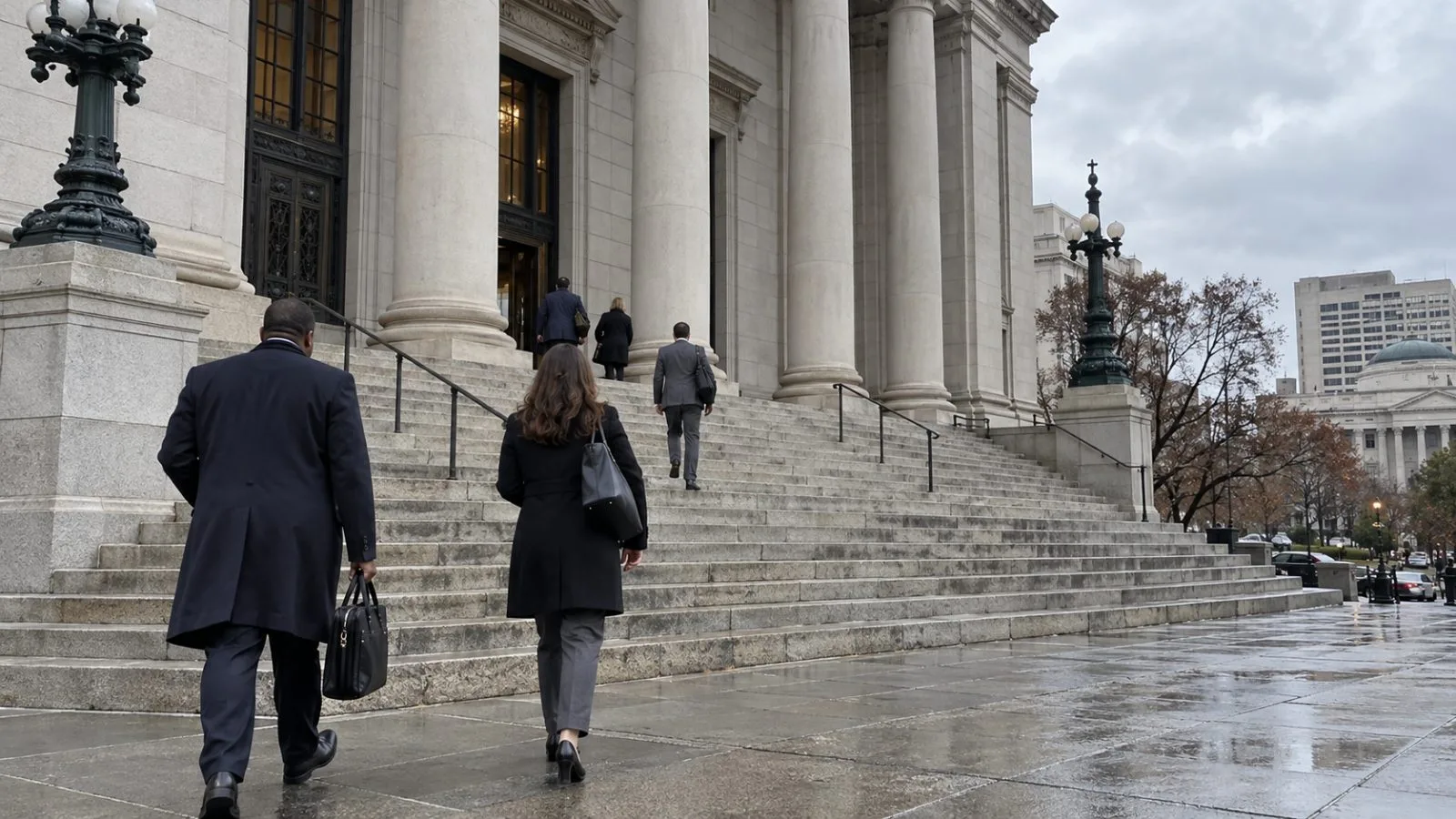 Visitors pass the courthouse entrance in Richmond, Virginia, on an overcast morning (AI-generated image / EconoTimes)