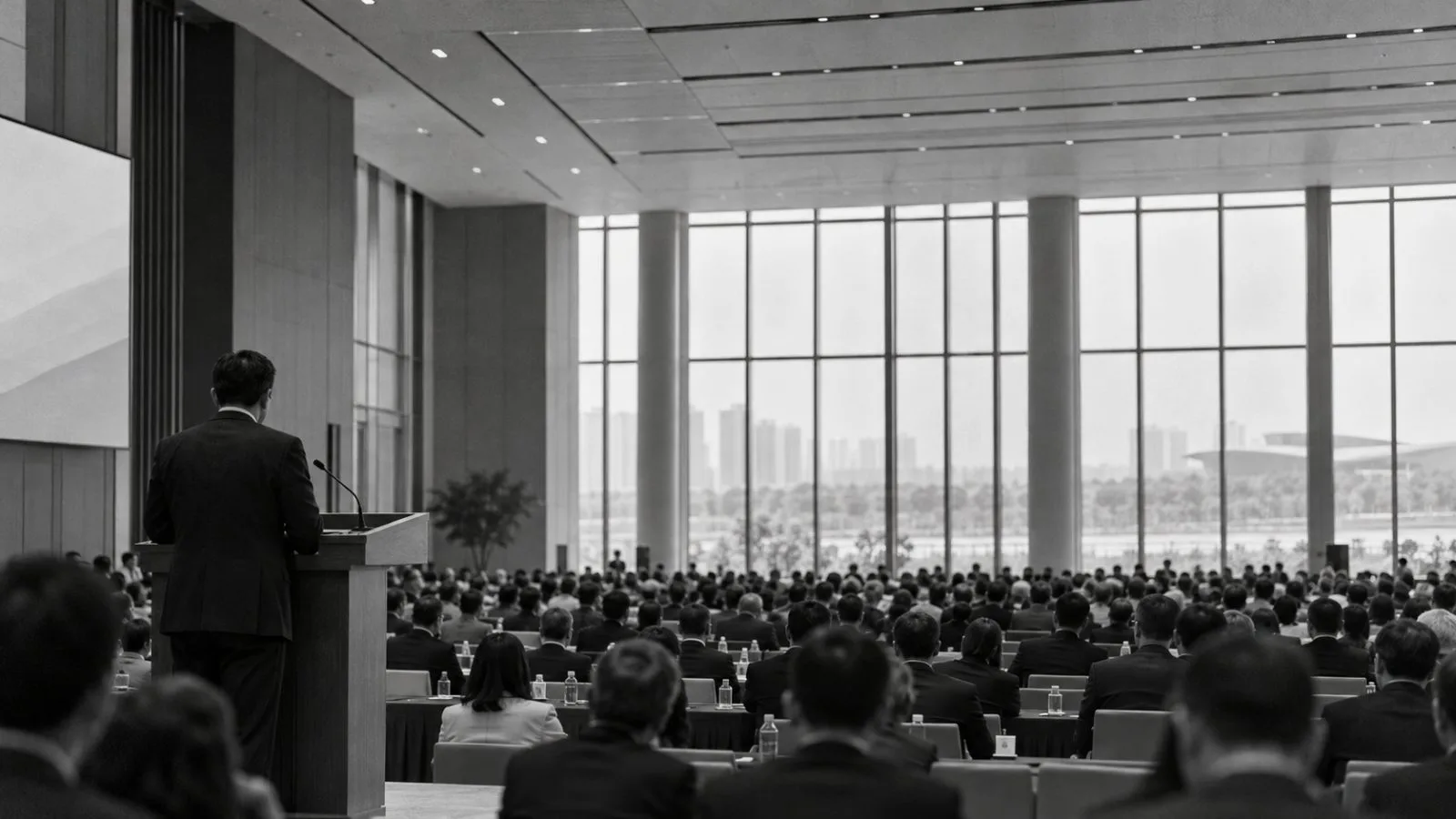 Delegates take their seats inside a conference hall in Xiong'an, Hebei, China. (AI-generated image / EconoTimes)