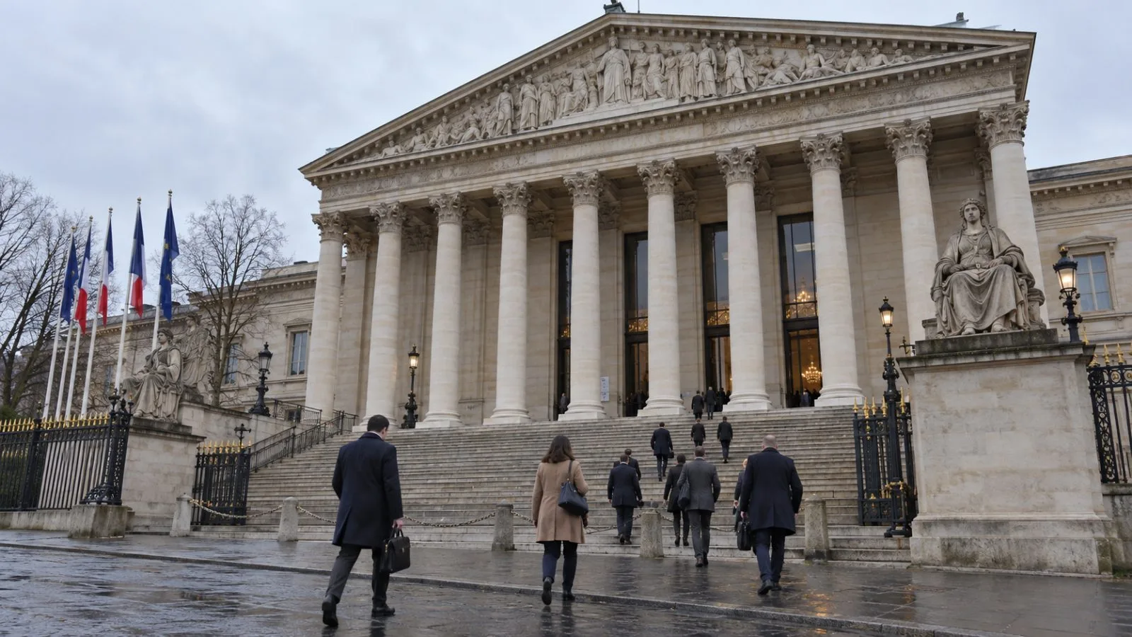 Staff enter the French National Assembly in Paris on an overcast morning. (AI-generated image / EconoTimes)